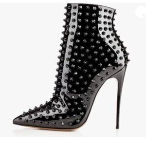 FSJ Black High Heel Ankle Boots with Rivets Closed Pointed Toe Stilettos Shoes